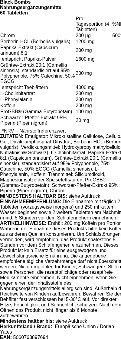 Produktetikett — Black Bombs - 60 tablets (EAN 5060763897694)