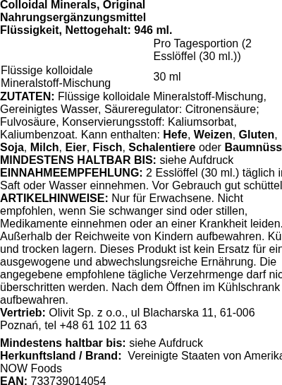 Produktetikett — Colloidal Minerals, Original - 946 ml.
