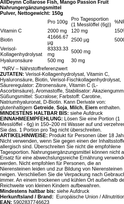 Produktetikett — AllDeynn Collarose Fish, Mango Passion Fruit - 150 grams