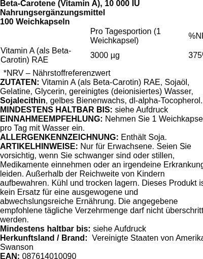 Produktetikett — Beta-Carotene (Vitamin A), 10 000 IU - 100 softgels
