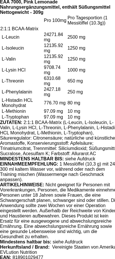 Produktetikett — EAA 7000, Pink Lemonade - 309 grams