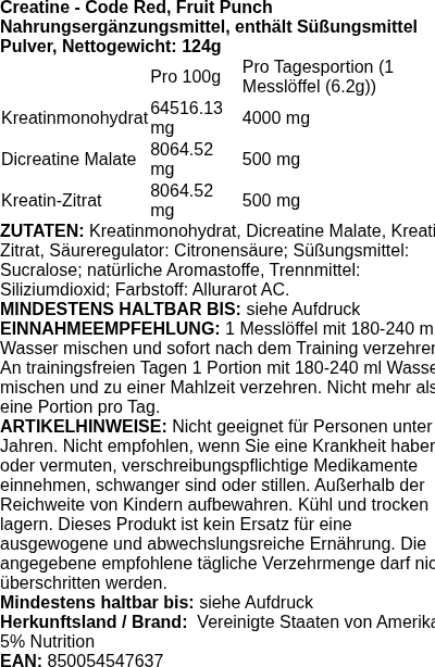 Produktetikett — Creatine - Code Red, Fruit Punch - 124 grams