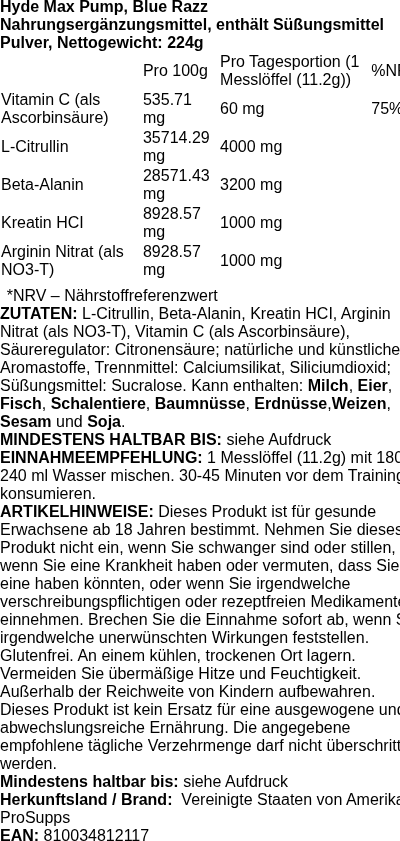 Produktetikett — Hyde Max Pump, Blue Razz (EAN 810034812117) - 224 grams