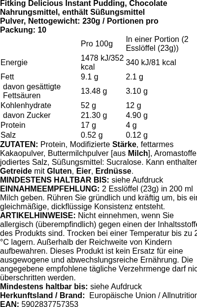 Produktetikett — Fitking Delicious Instant Pudding, Chocolate - 230 grams