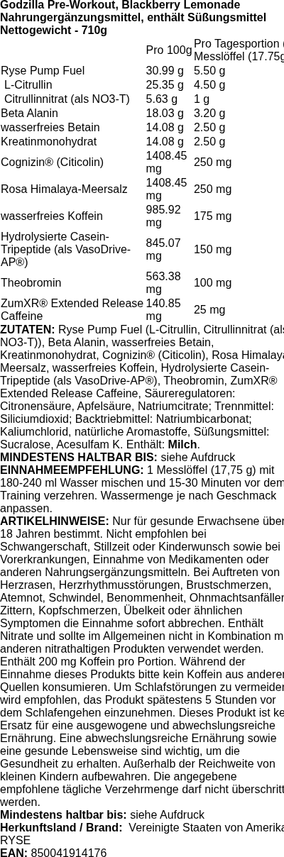 Produktetikett — Godzilla Pre-Workout, Blackberry Lemonade (EAN 850041914176) - 710 grams