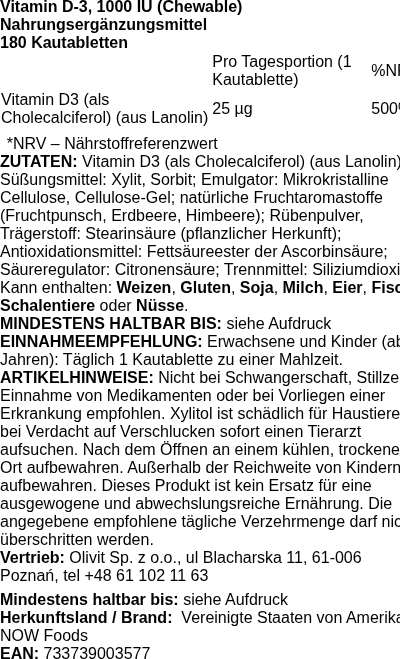 Produktetikett — Vitamin D-3, 1000 IU (Chewable) - 180 chewables