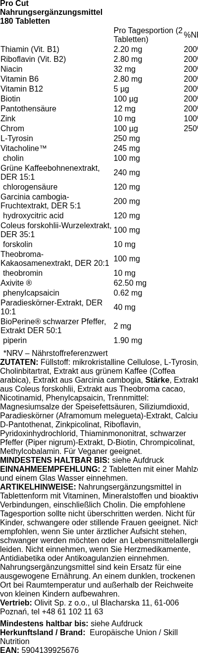 Produktetikett — Pro Cut, Fat Metabolism Support - 180 tablets