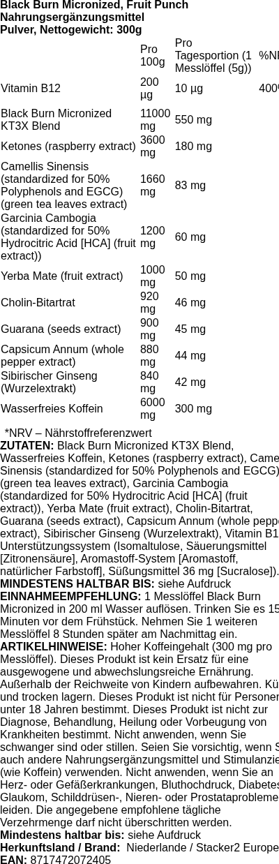 Produktetikett — Black Burn Micronized, Fruit Punch - 300 grams