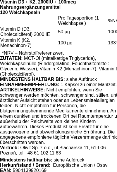 Produktetikett — Vitamin D3 + K2, 2000IU + 100mcg - 120 softgels