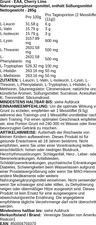 Produktetikett — Grunt - EAA, Cherry Lime - 285 grams