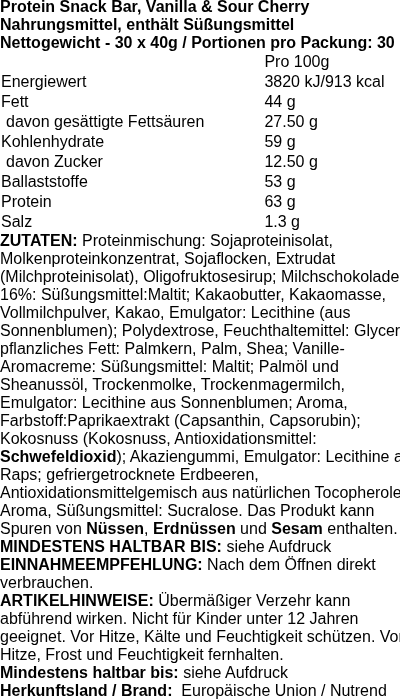 Produktetikett — Protein Snack Bar, Vanilla & Sour Cherry - 30 x 40g