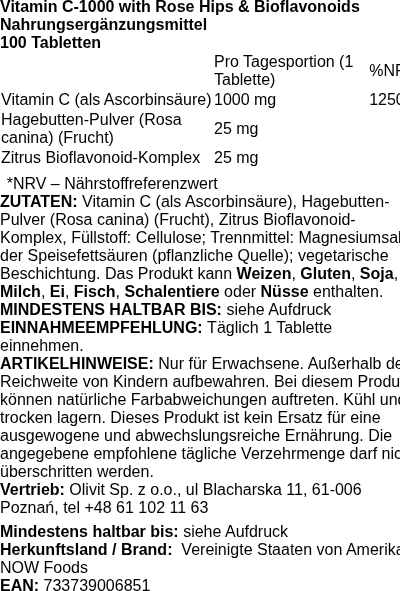 Produktetikett — Vitamin C-1000 with Rose Hips & Bioflavonoids - 100 tablets