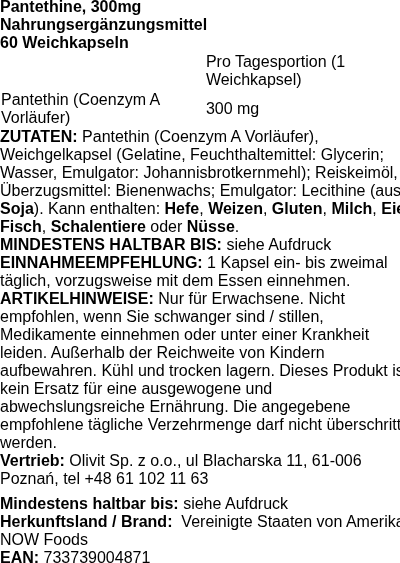 Produktetikett — Pantethine, 300mg - 60 softgels
