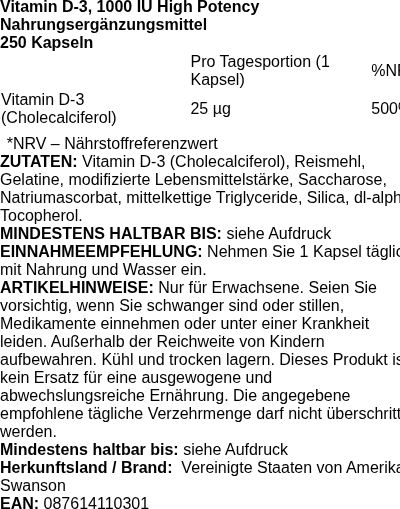 Produktetikett — Vitamin D-3, 1000 IU - 250 caps