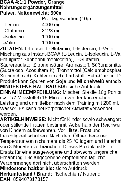 Produktetikett — BCAA 4:1:1 Powder, Orange - 300 grams