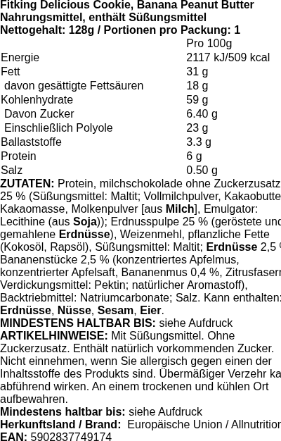 Produktetikett — Fitking Delicious Cookie, Banana Peanut Butter - 128 grams