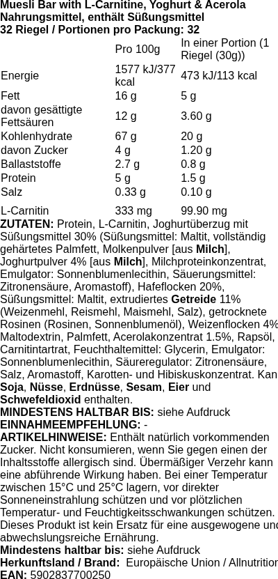 Produktetikett — Muesli Bar + L-Carnitine, Yoghurt & Acerola - 32 bars