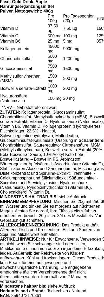 Produktetikett — Flexit Gold Drink, Apple - 400 grams