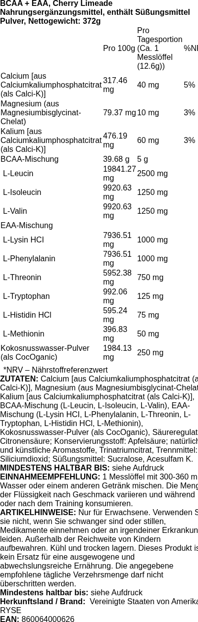 Produktetikett — BCAA + EAA, Cherry Limeade - 372 grams