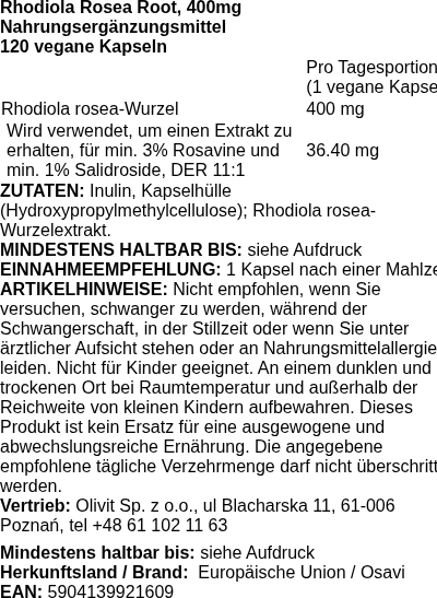 Produktetikett — Rhodiola Rosea Root, 400mg - 120 vegan caps