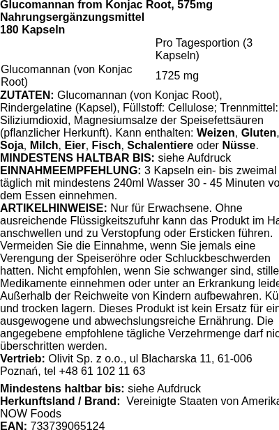 Produktetikett — Glucomannan from Konjac Root, 575mg - 180 caps