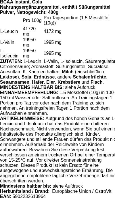 Produktetikett — BCAA Instant, Cola - 400 grams