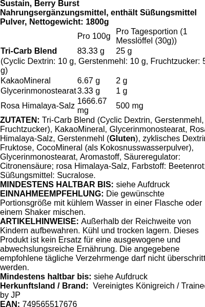 Produktetikett — Sustain, Berry Burst - 1800 grams