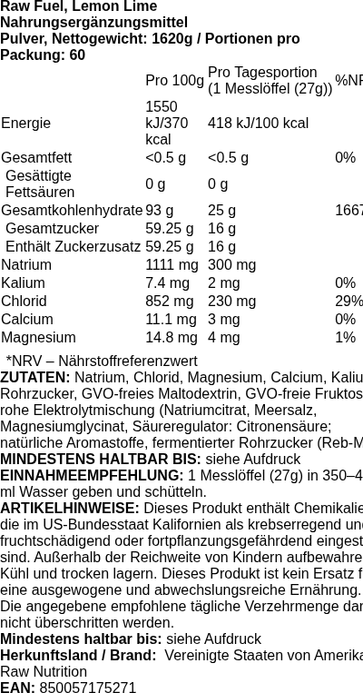 Produktetikett — Raw Fuel, Lemon Lime - 1620 grams