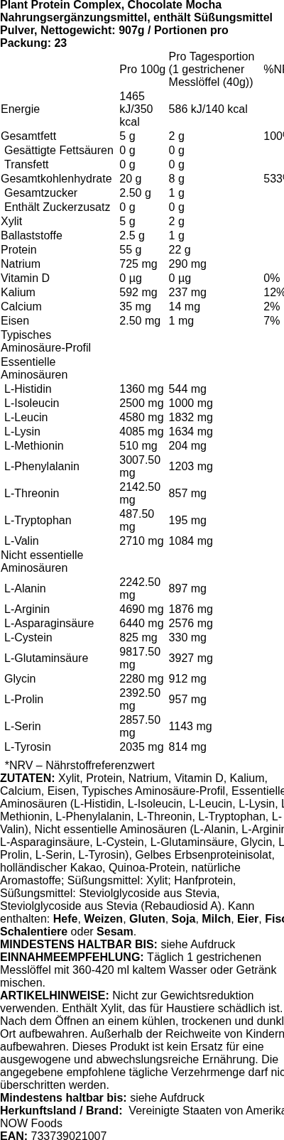 Produktetikett — Plant Protein Complex, Chocolate Mocha - 907 grams