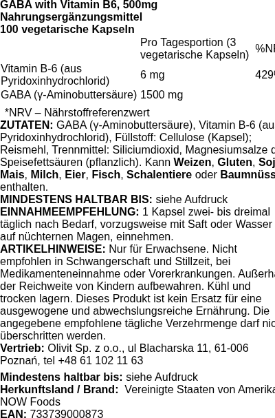 Produktetikett — GABA with Vitamin B6, 500mg - 100 vcaps