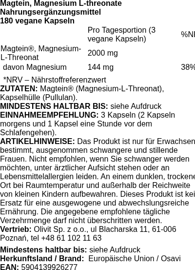 Produktetikett — Magtein Magnesium L-threonate - 180 vegan caps