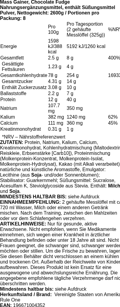 Produktetikett — Mass Gainer, Chocolate Fudge - 2600 grams