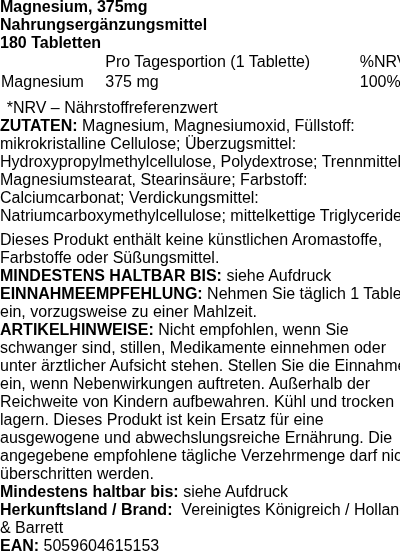 Produktetikett — Magnesium, 375mg - 180 tablets