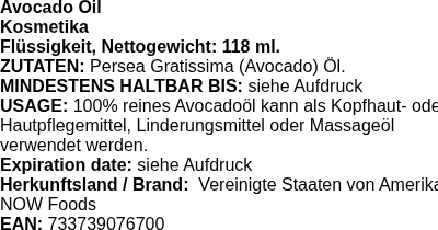 Produktetikett — Avocado Oil - 118 ml.