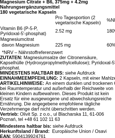 Produktetikett — Magnesium Citrate + B6, 375mg + 4.2mg - 180 vcaps