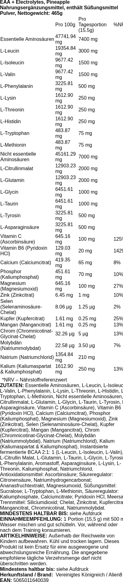 Produktetikett — EAA + Electrolytes, Pineapple - 465 grams