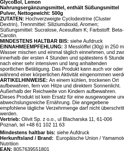 Produktetikett — GlycoBol, Lemon - 500 grams