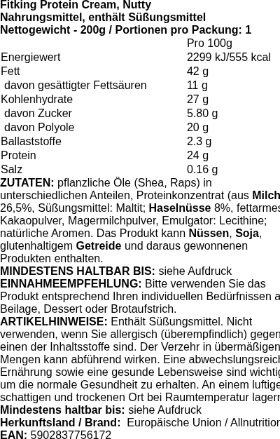 Produktetikett — Fitking Protein Cream, Nutty - 200 grams