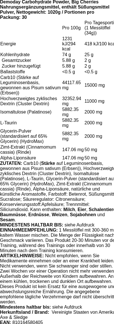 Produktetikett — Demoday Carbohydrate Powder, Big Cherries - 1020 grams