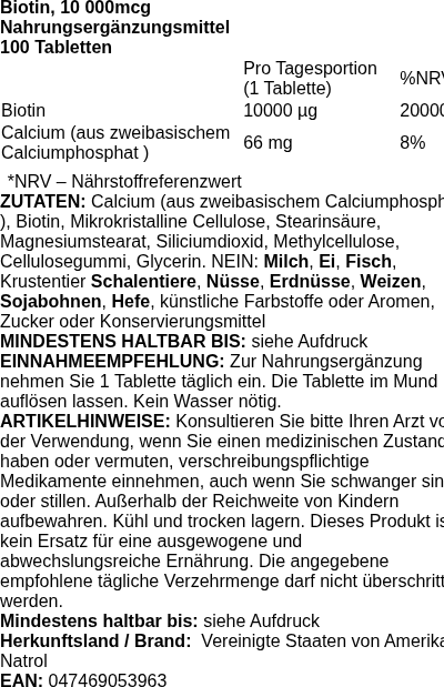 Produktetikett — Biotin, 10 000mcg - 100 tablets