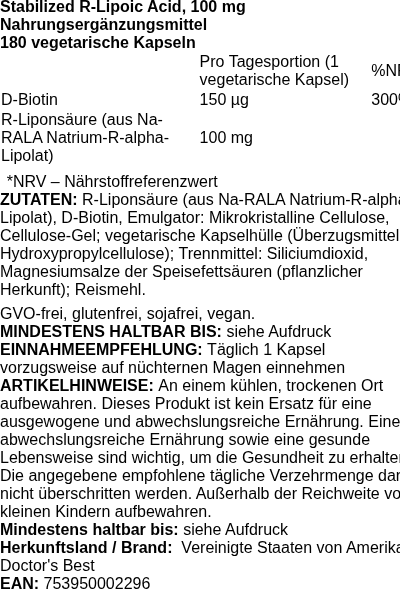 Produktetikett — Stabilized R-Lipoic Acid, 100mg - 180 vcaps