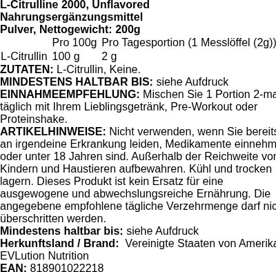 Produktetikett — L-Citrulline 2000, Unflavoured - 200 grams