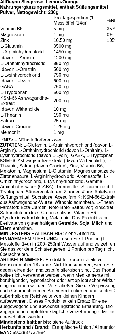 Produktetikett — AllDeynn Sleeprose, Lemon-Orange - 280 grams