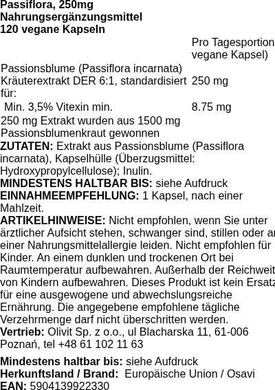 Produktetikett — Passiflora, 250mg - 120 vegan caps
