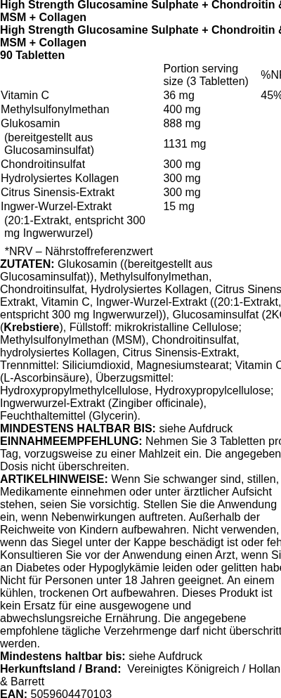 Produktetikett — High Strength Glucosamine Sulphate + Chondroitin & MSM + Collagen - 90 tablets