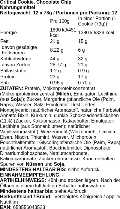 Produktetikett — Critical Cookie, Chocolate Chip - 12 x 73g