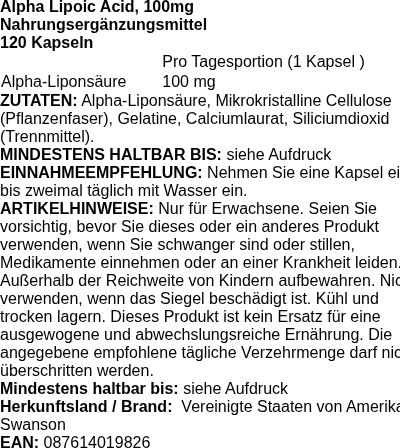 Produktetikett — Alpha Lipoic Acid, 100mg - 120 caps