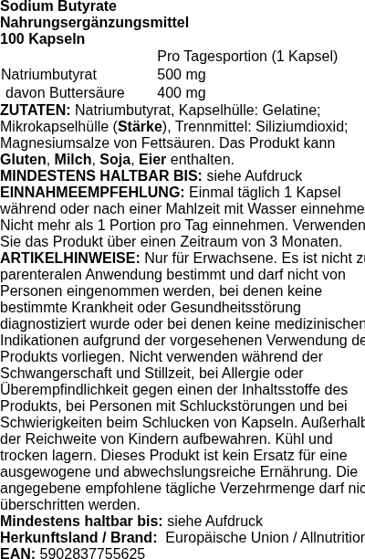 Produktetikett — Sodium Butyrate - 100 caps (EAN 5902837755625)
