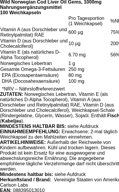 Produktetikett — Wild Norwegian Cod Liver Oil Gems, 1000mg - 100 softgels