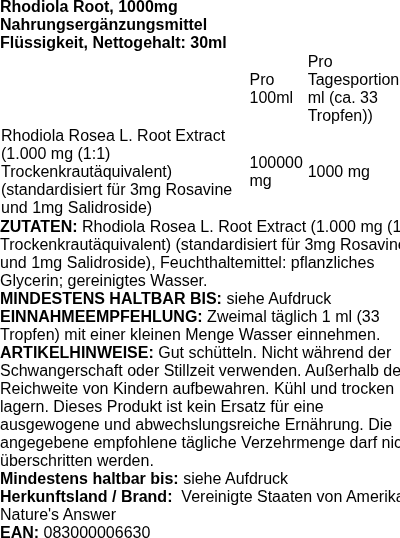 Produktetikett — Rhodiola Root, 1000mg - 30 ml.